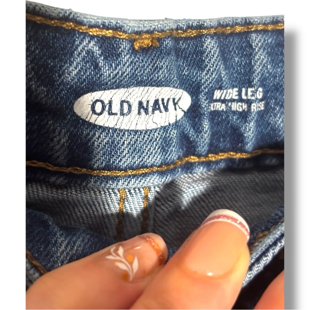 Old Navy Dark Indigo Blue Denim Distressed Knees Ankle Length Wide-Leg Jeans - Picture 4 of 11